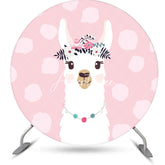Aperturee - Pink Floral Alpaca Animals Round Birthday Backdrop